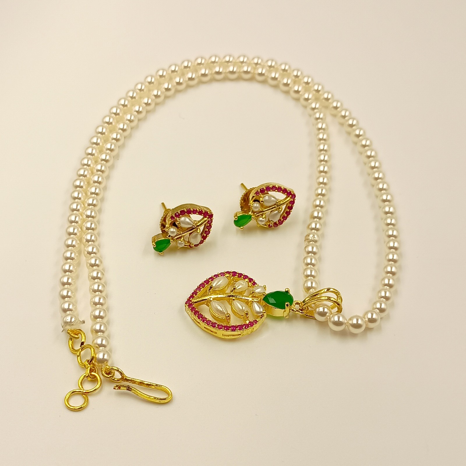 Vintage Pearl and Ruby Emerald 22k Gold Plated Premium Boho Choker