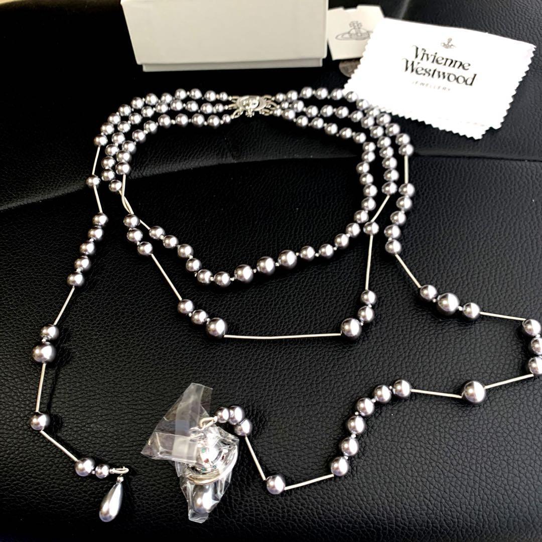 Vivienne Westwood Necklace Three Strands of Pearls Long Orb Gray IN BOX