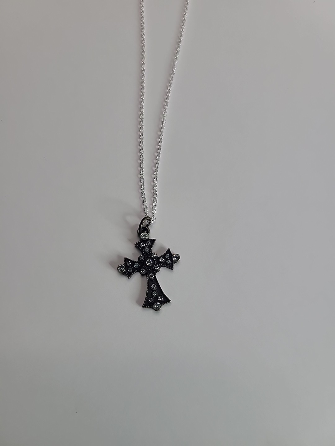 Vintage Religious Cross Pendant Necklace Clear Crystal Gothic Jewelry