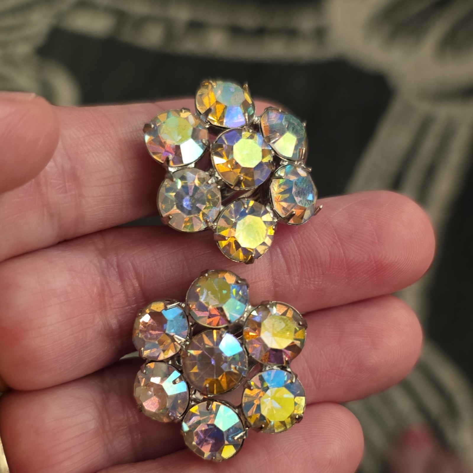 WEISS Signed Gold Tone Clip-On Cluster Flower Earrings AB Clear Rhinestone