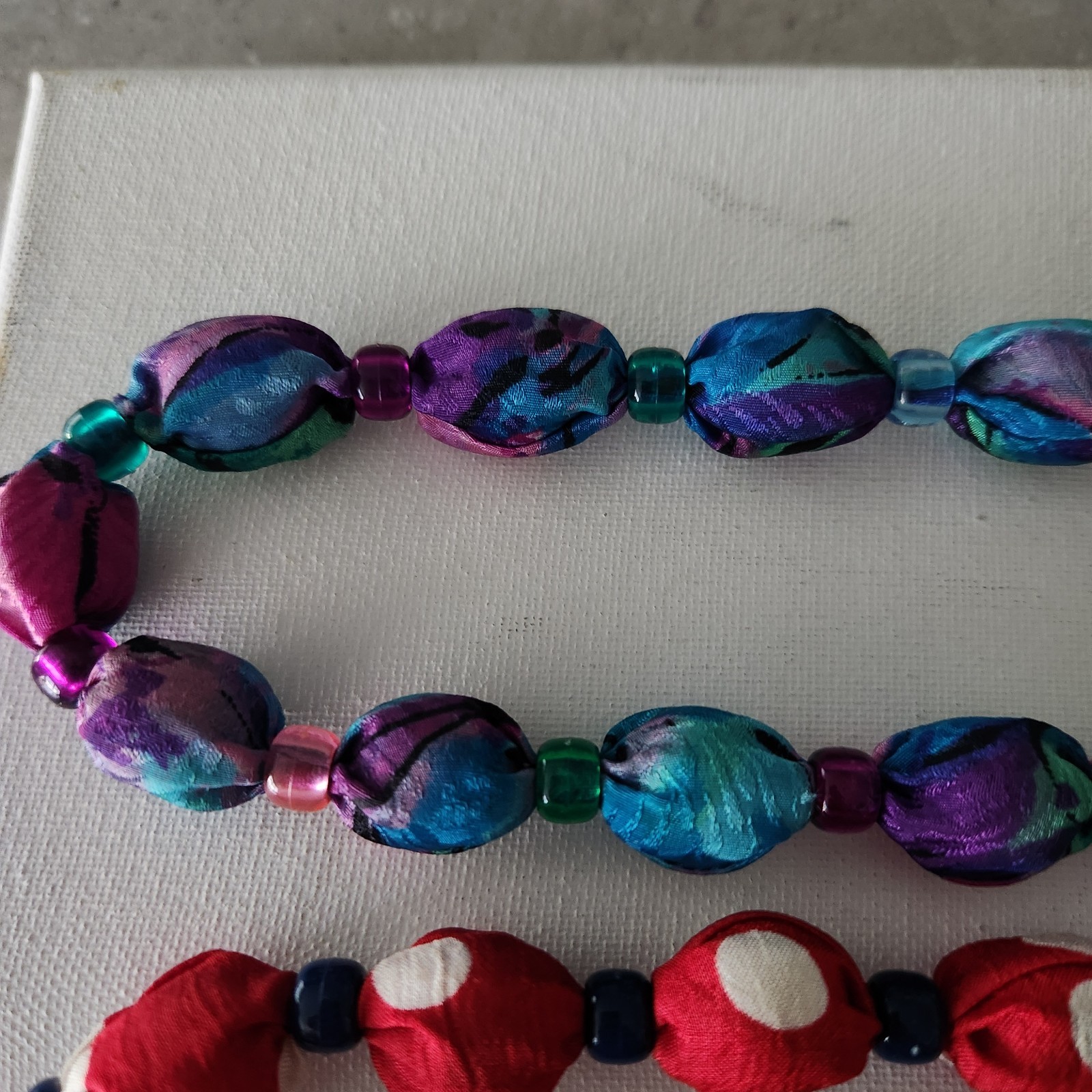 Vintage Lot of 3 Handmade Fabric Cloth Covered Wood Bead Necklaces 30″