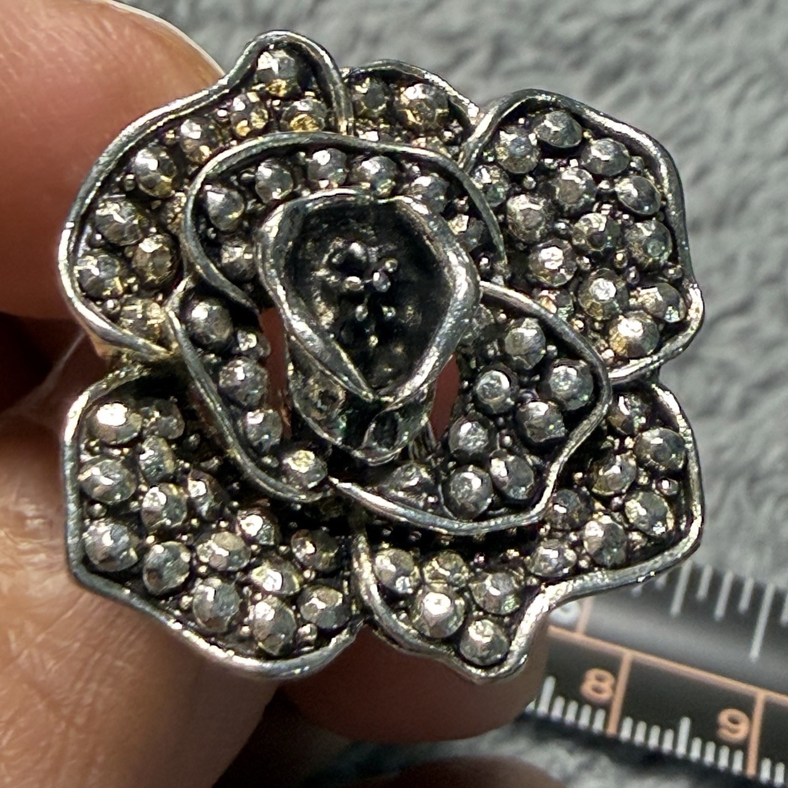 Silver Tone Clear Crystal Flower Cocktail Statement Ring, Rhinestone Accent