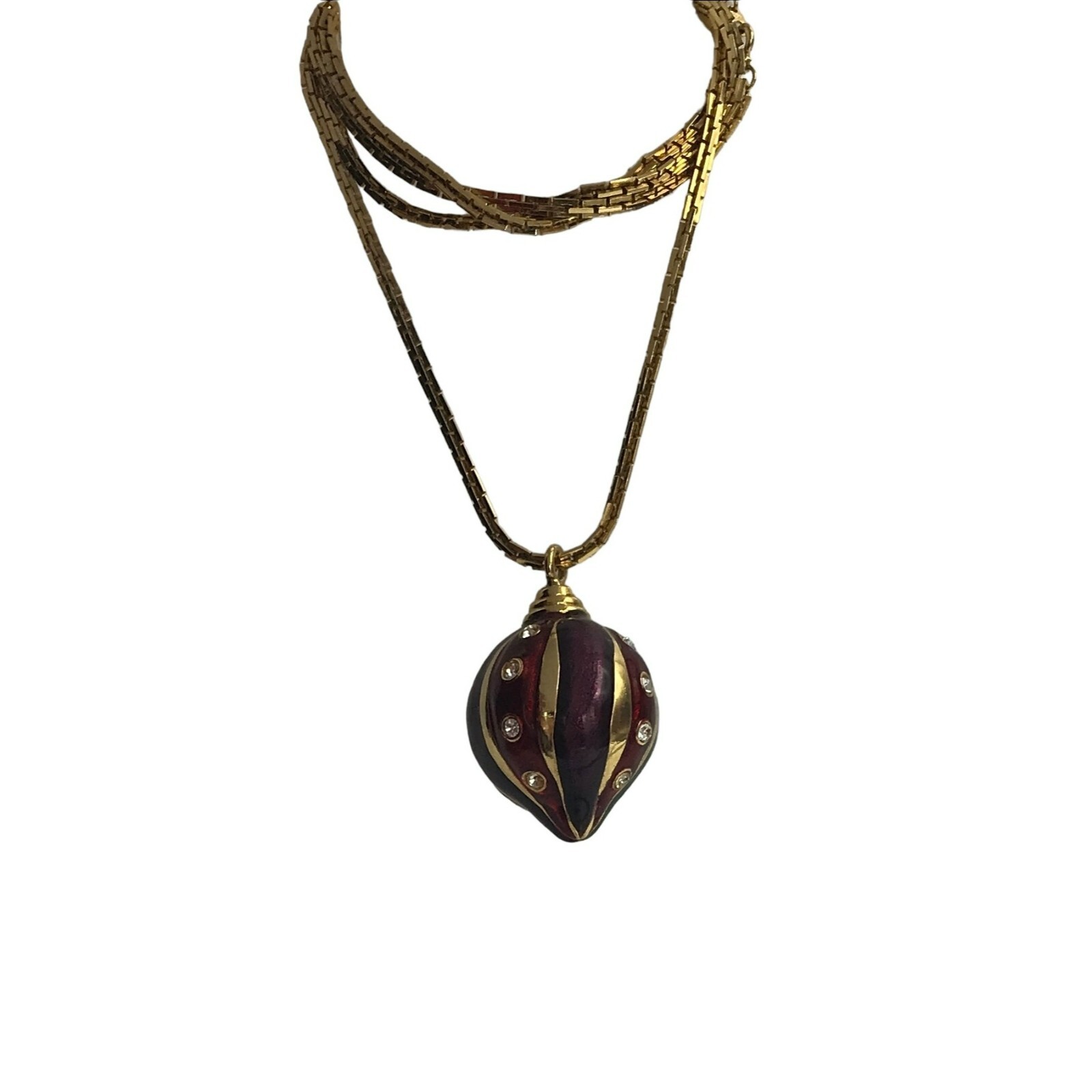 Gold Tone Red Purple Green Enamel Clear Rhinestone Orb Pendant Necklace, 36″M153