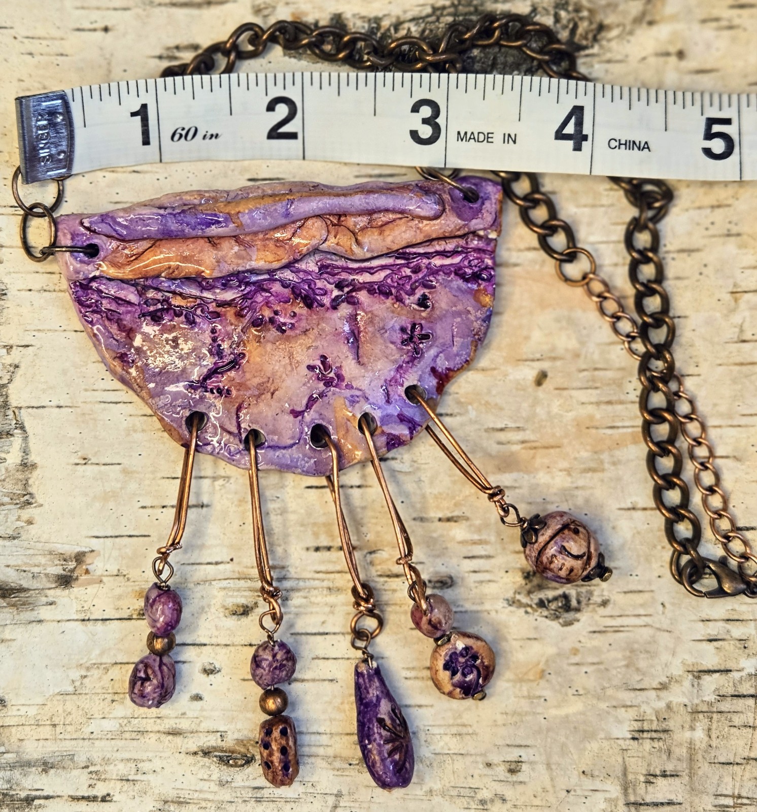 Primitive Cave Rustic Lavender Pendant & Beads Flowers & Fish Copper Necklace