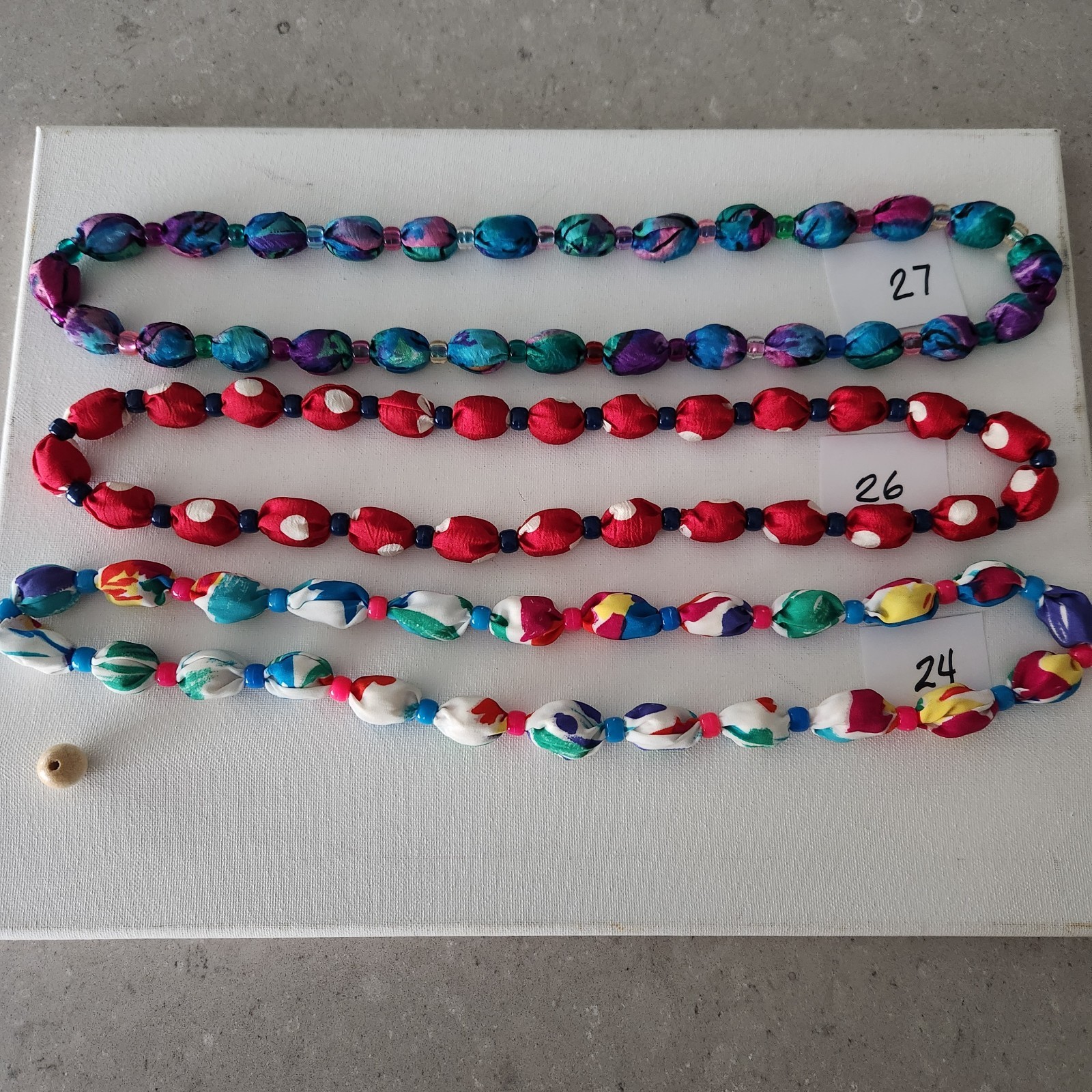 Vintage Lot of 3 Handmade Fabric Cloth Covered Wood Bead Necklaces 30″