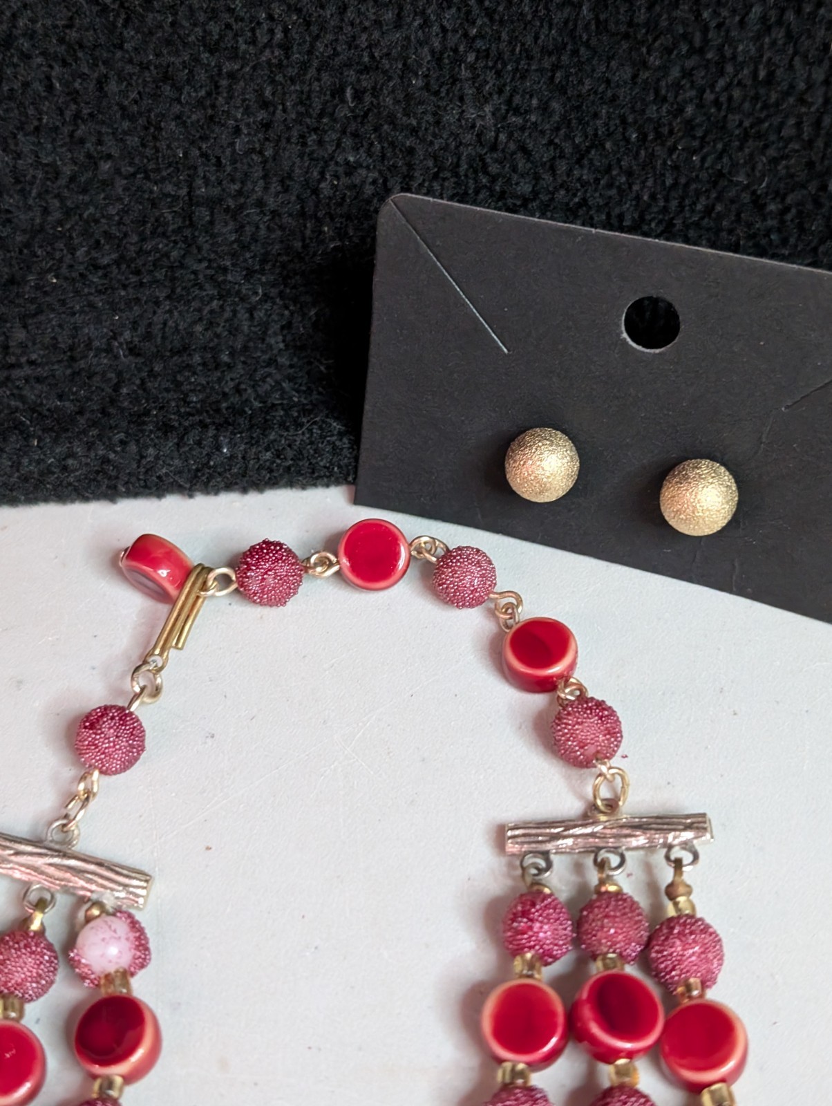 Vintage Red & Gold Plastic Beaded Multi-Strand Necklace + Stud Earrings Set