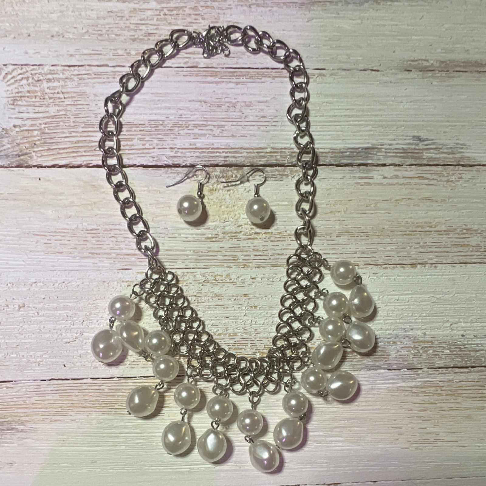 Silver Tone Simulated White Round Pearl Necklace & Dangle Earrings Jewelry Set
