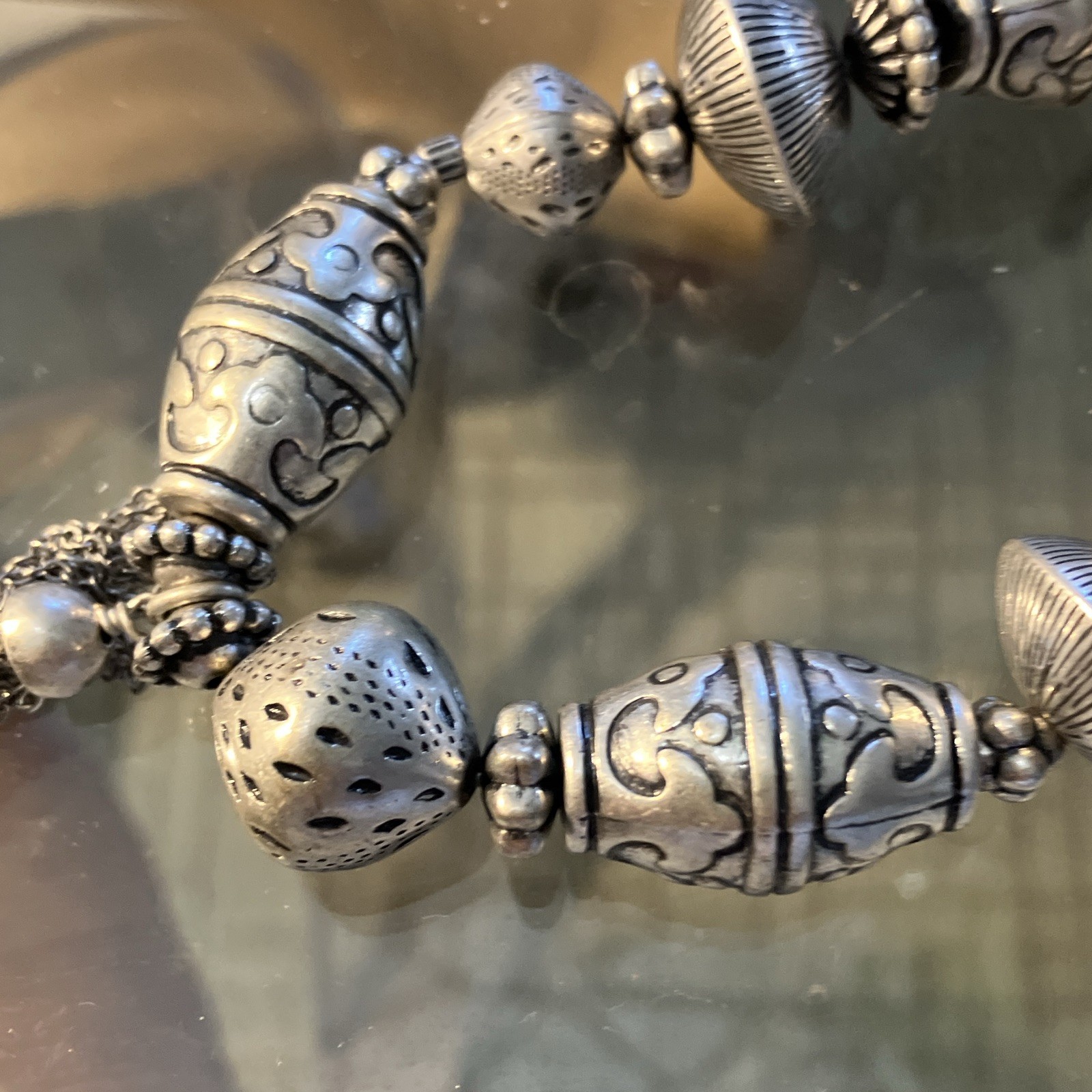Silver Tone Beaded Charm Bracelet w/ Dangle Tassel – Metal, No Stone, 8 in