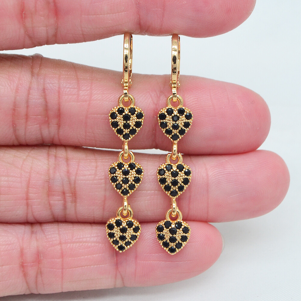 18K Yellow Gold Filled Women Black Topaz Triple Hearts Drop Earrings Jewelry