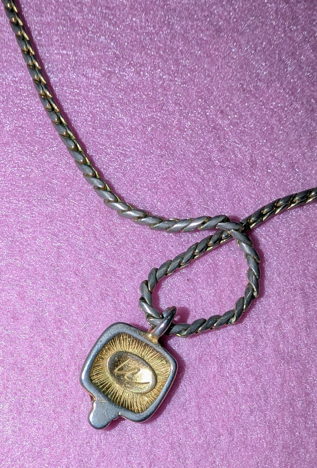 Silver Tone Rope Chain Necklace Square Brown Pendant Blue Bead Dangle Signed