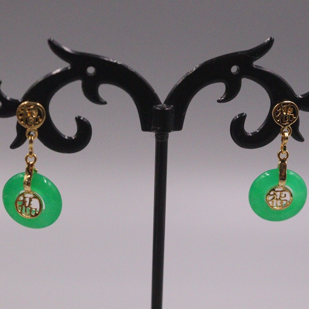 18K GP Alloy Heating Jade Earrings Drop For Women Green Circle 福 Earrings Hook