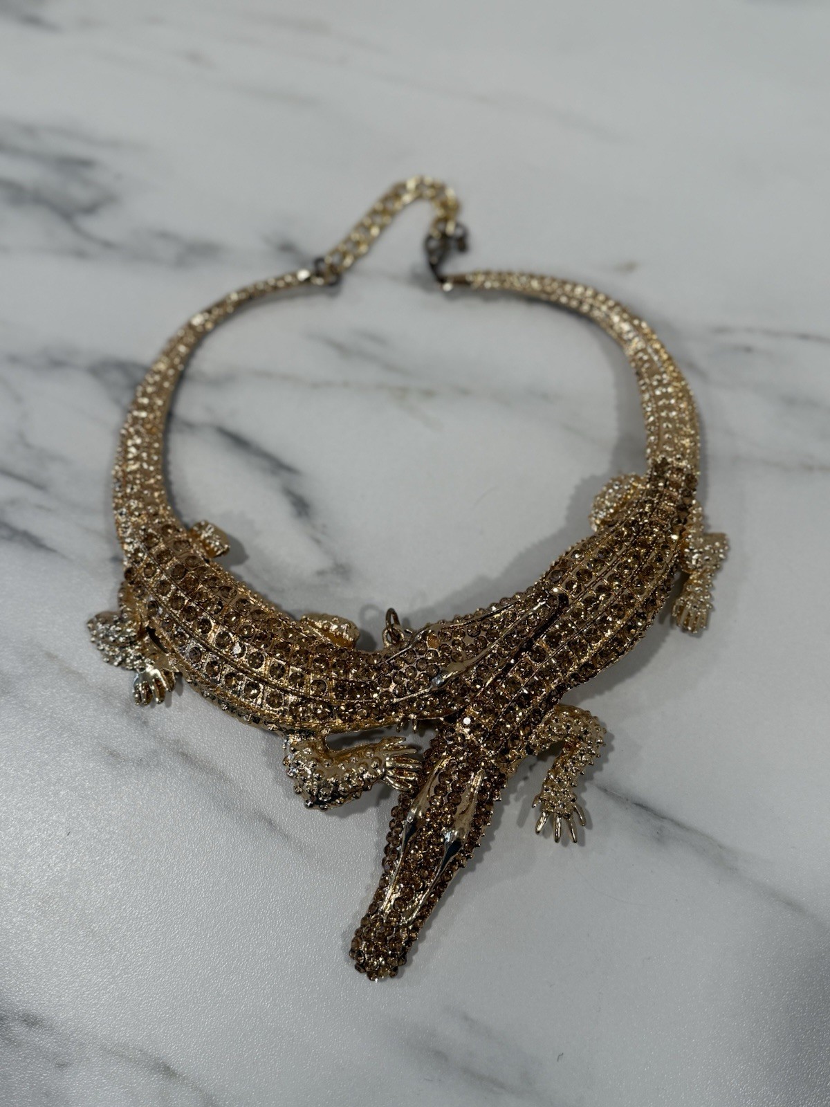Gold Metal Crocodile Necklace With Gems