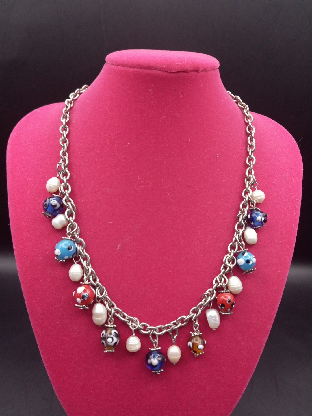 Venetian Glass Multcolor Beads With Pearl’s Silver Tone Chain Necklace 17in