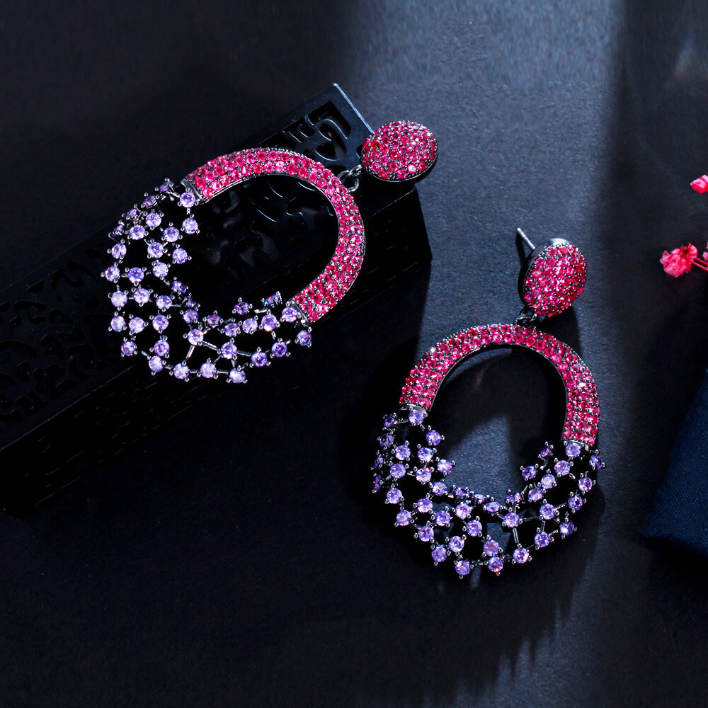 Lady Gorgeous Black Gold Plated Hot Pink Purple Zircon Long Dangle Drop Earrings