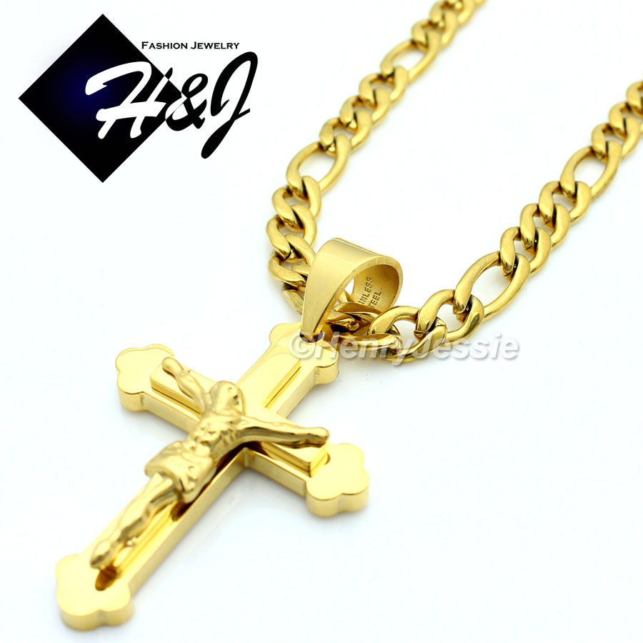 18″-36″MEN Stainless Steel 6mm Gold Plated Figaro Link Chain Cross Pendant*J2