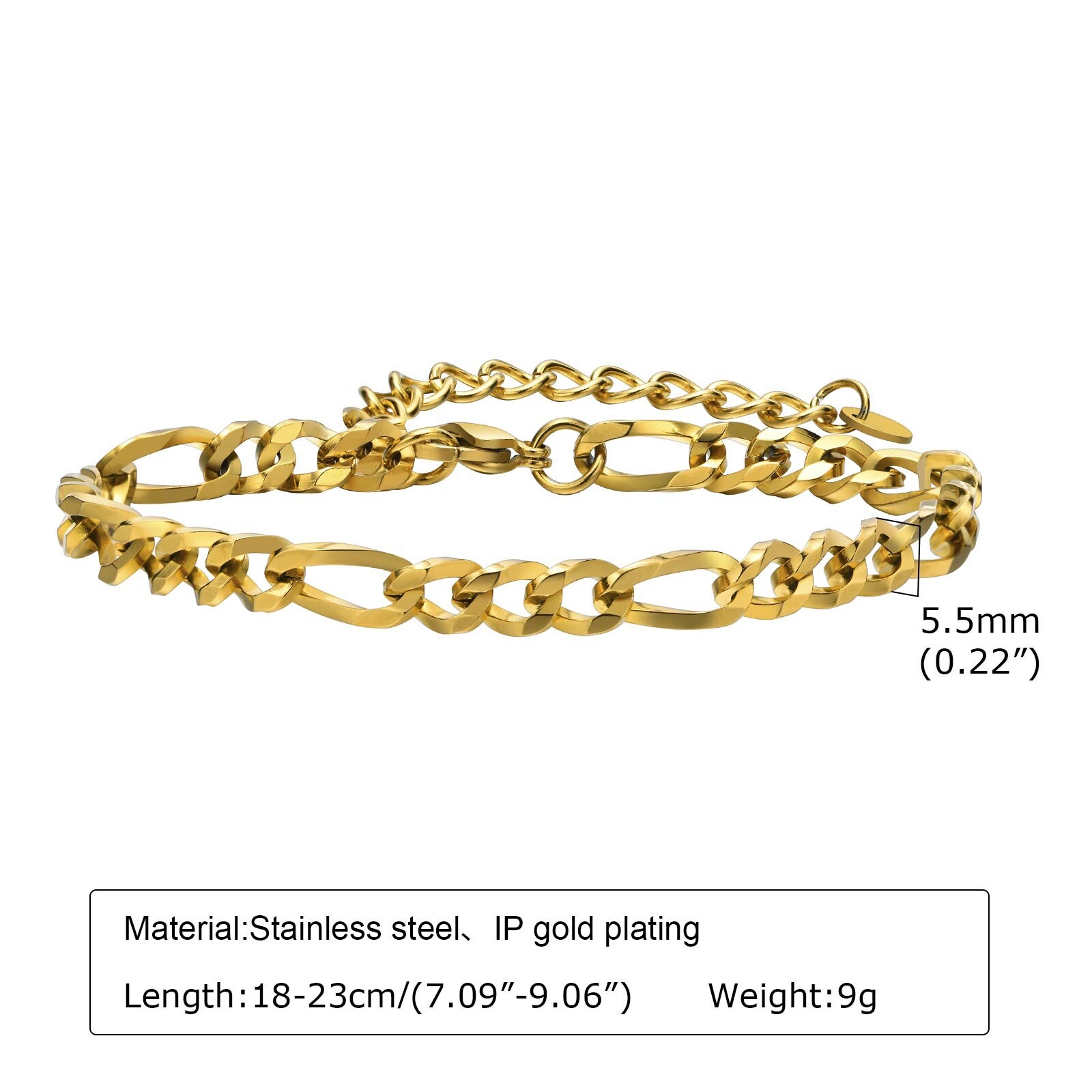 18K Gold/Silver Chain Jewelry 5.5mm Men’s Stainless Steel Bracelet 16+5cm/18+5cm