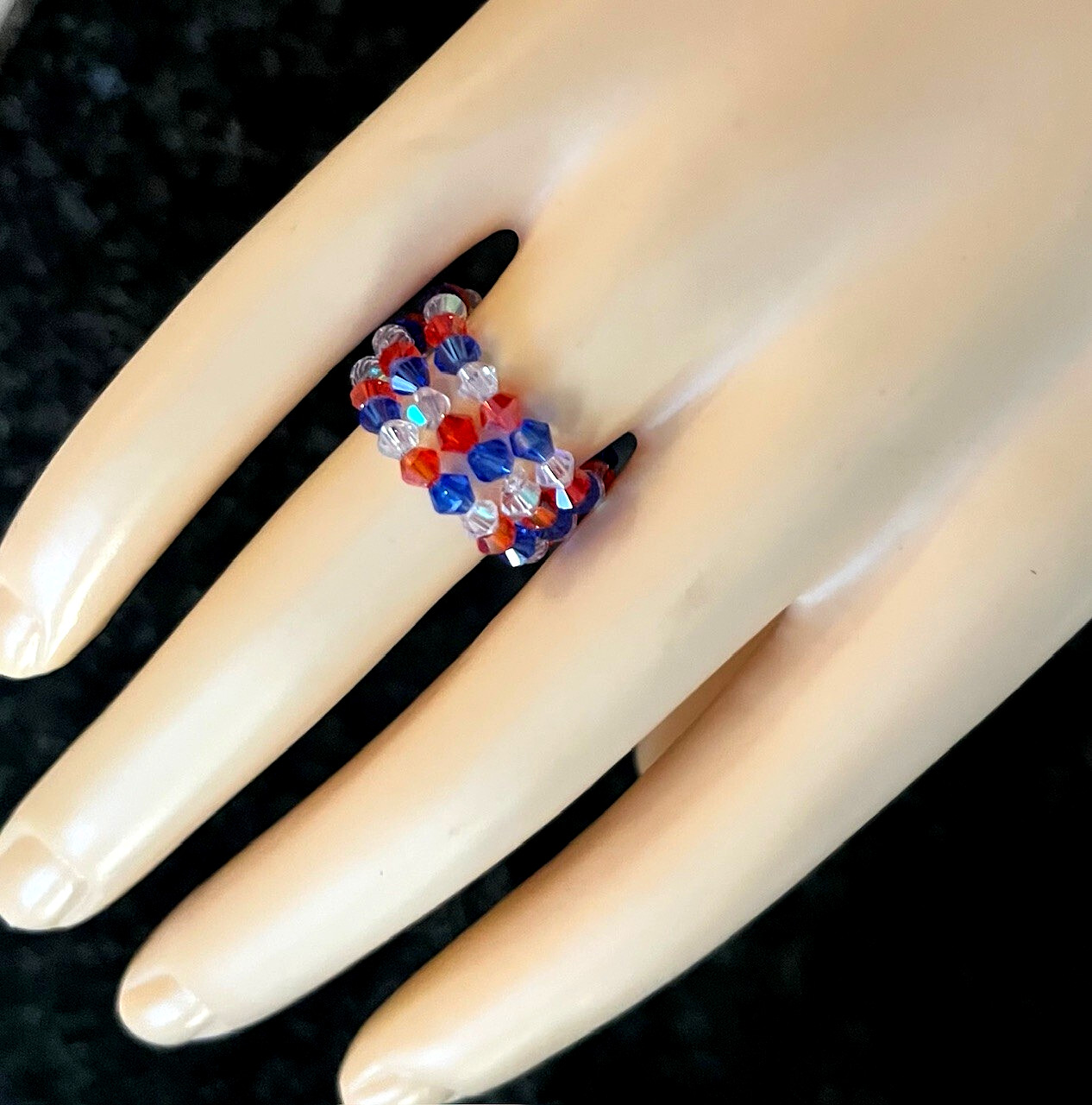 4th of July Patriotic Sparkly Glass Bead Stretch Rings Set of 3 Red White & Blue