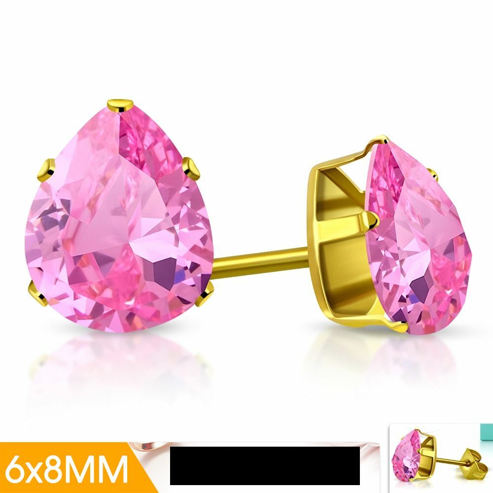 6x8mm Gold Color Plated Stainless Steel Set Teardrop Stud Earrings Rose Pink CZ