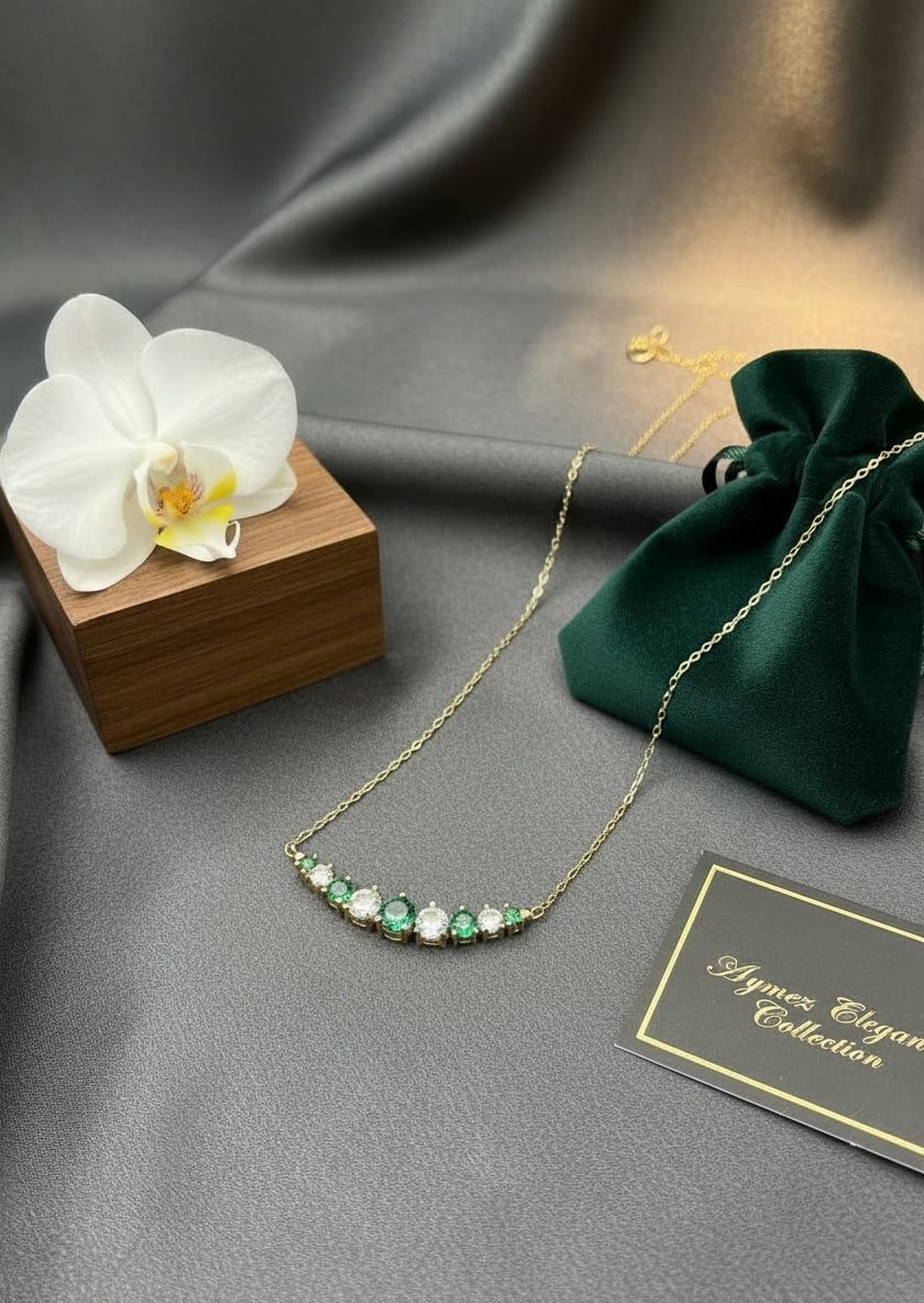 Lab Green & White Sapphire Smile Bar Necklace Gold Tone Chain Elegant Gift