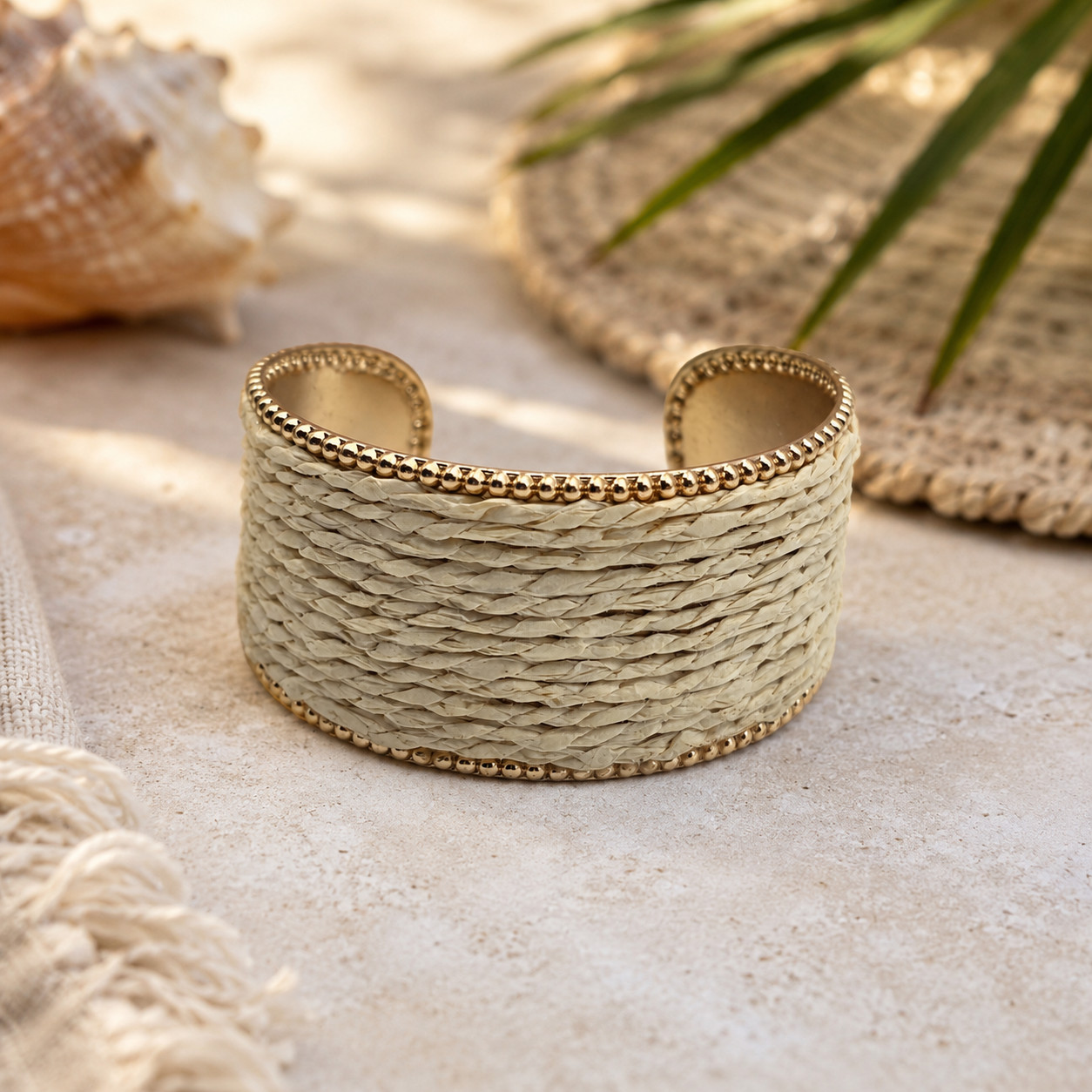Cream Woven Raffia Gold Tone Wide Open Cuff Bracelet 6.25 In 32mm