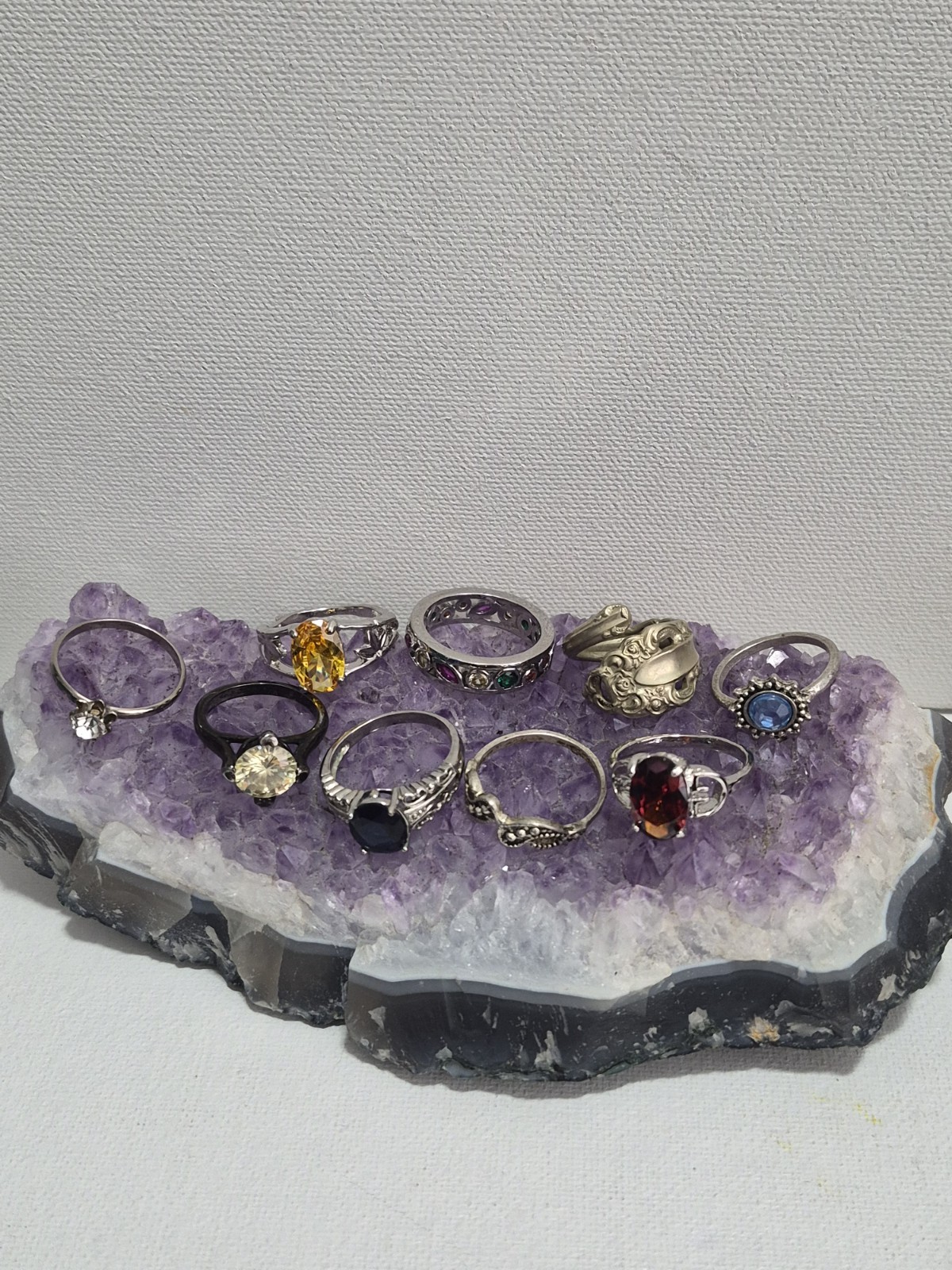 Lot Of 9 Silver Tone Ladies Topaz Rhinestone Rings Various Sizes B458