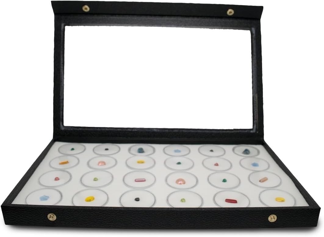 Large Jewelry Display Case 14.75×8.25 + 24 Gem Jars Clear Lid White Foam Tray