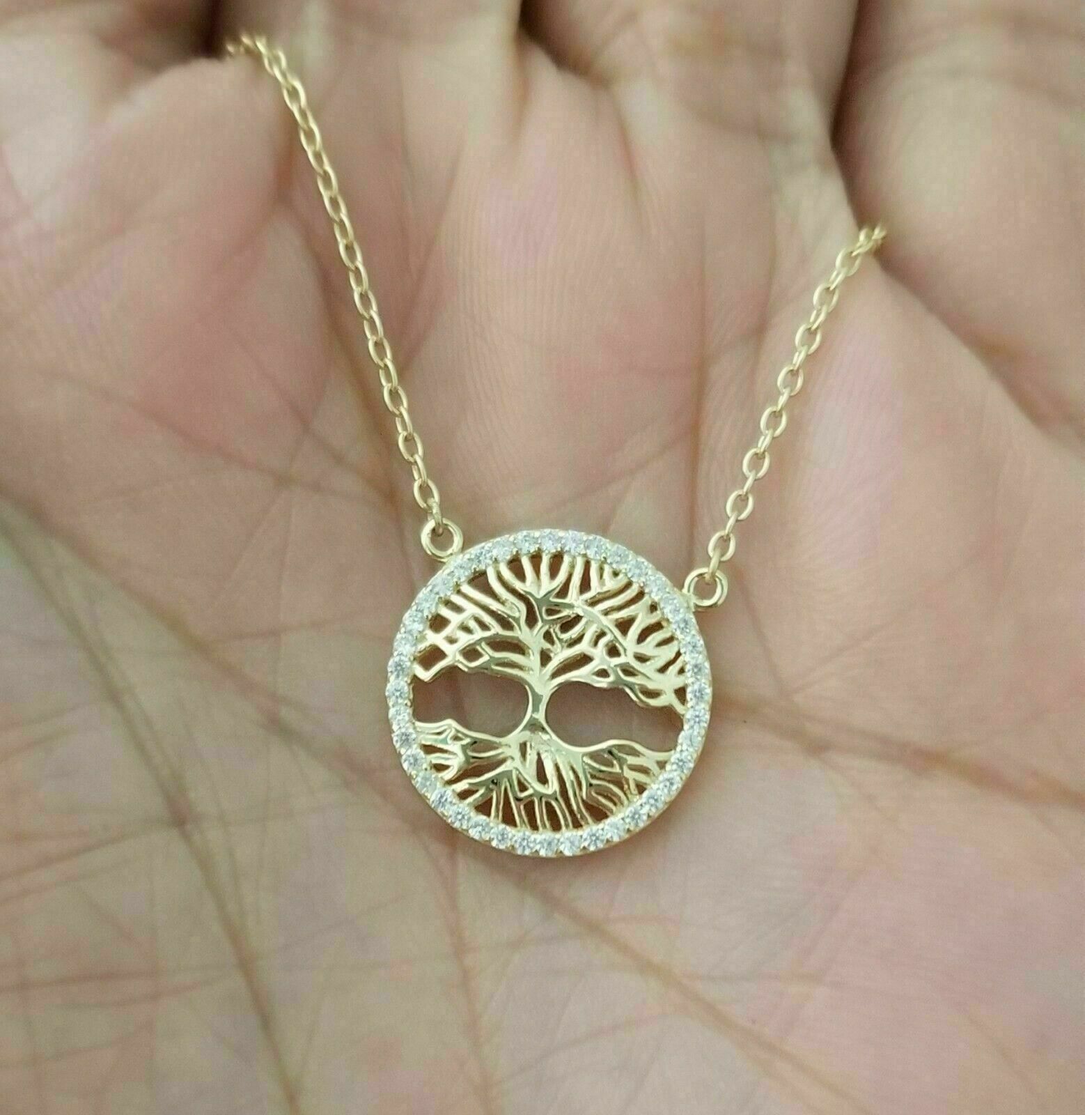 0.50Ct Simulated Diamond Tree Of Life Necklace 14k Yellow Gold Plated Silver
