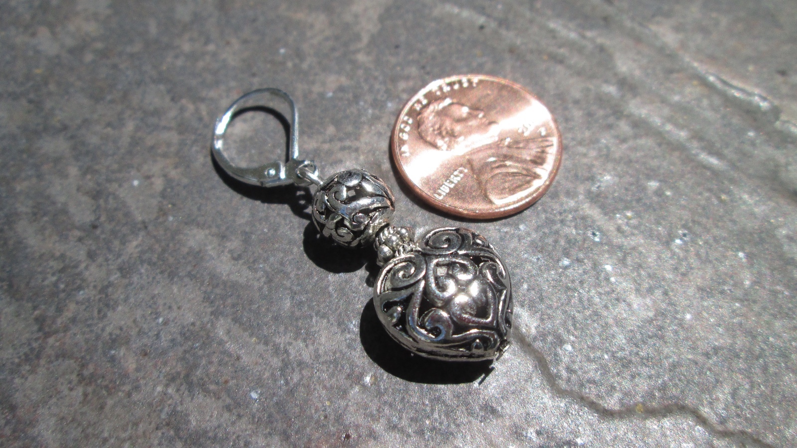 Silver Filigree Puffed Heart Earrings with Sterling Silver Leverbacks