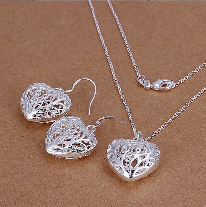 925 Sterling Silver Heart Necklace Earrings Set Filigree style Free Gift Bag