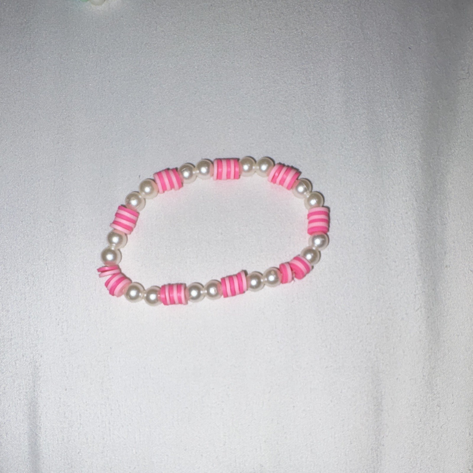 Set of 2 Pink & White Plastic Round Beaded Stretch Sizable Bracelets