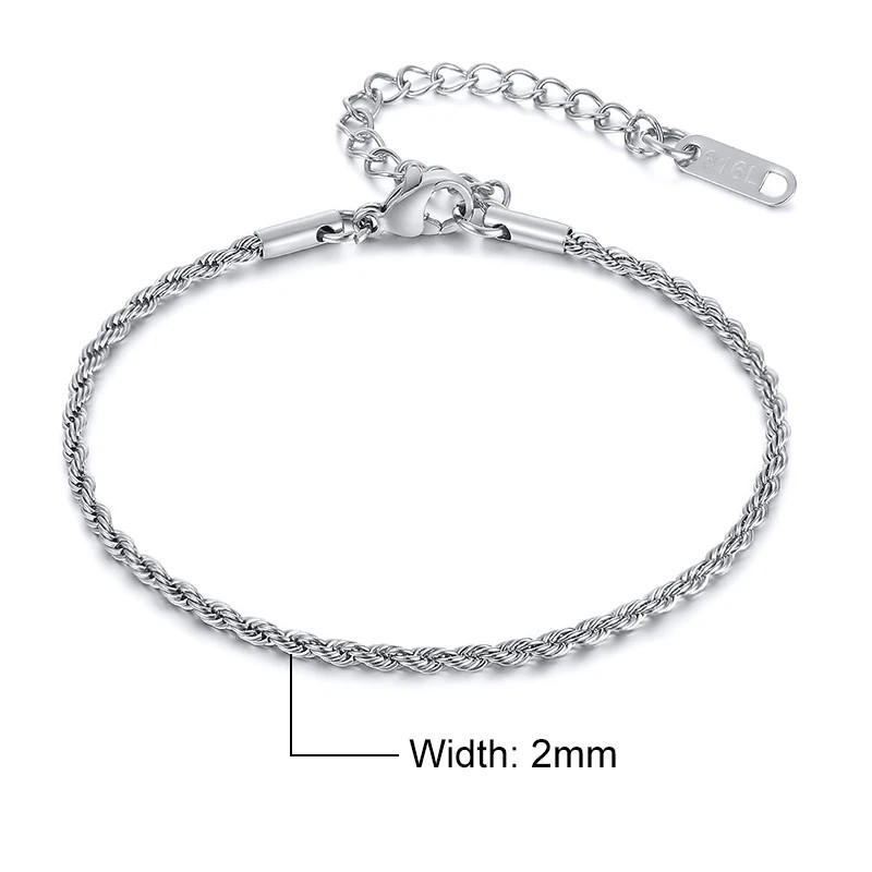 Stainless Steel Rope Chain Bracelet Women Twisted Wrist 2mm 3mm 4mm 5mm Jewelry