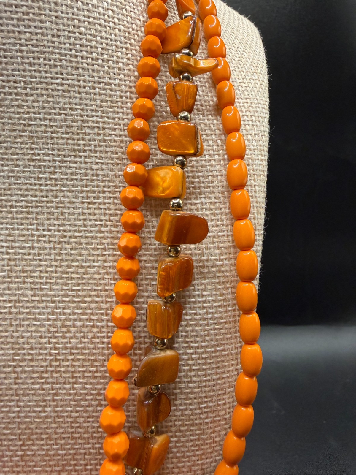 Orange Multi Strand Tiger’s Eye Style Beaded Necklace Gold Tone 30” Statement Ne