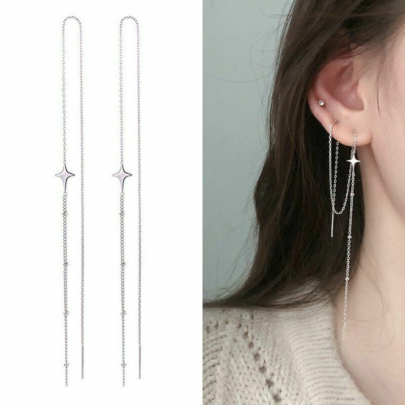A Pair Long Chain Tassel Threader Earrings Earline Women Silver Star Jewelry I50