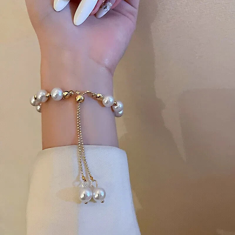14k Yellow Gold Plated Lariat Style Bracelet Simulated White Pearls Adjustable