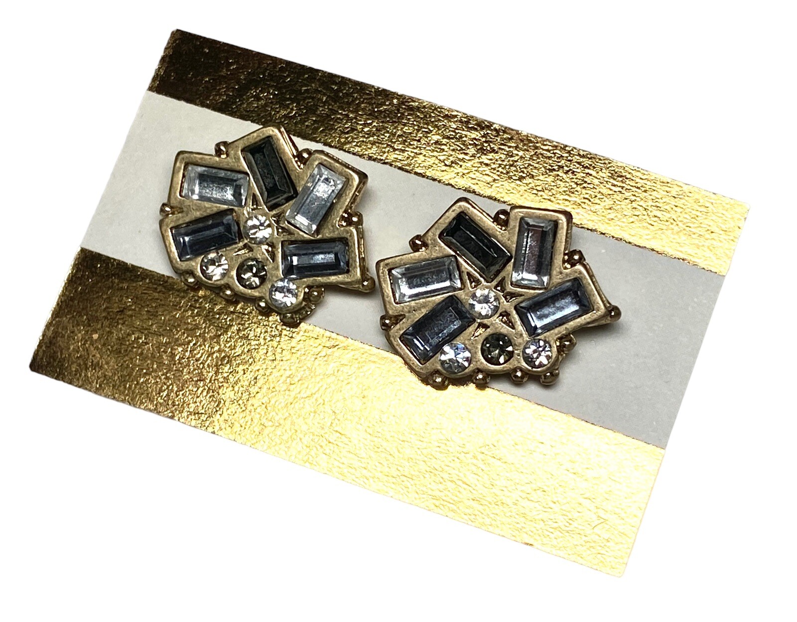 Matte Gold Tone Cluster Setting Stud Earrings Clear Gray Baguette Rounds