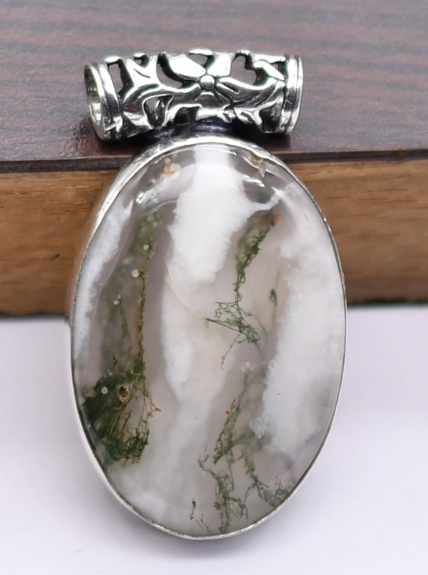 Moss Agate Natural Gemstone Antique Silver Plated Pendant 2″ J 1820