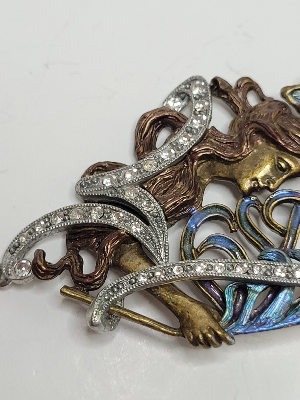 Sweet Romance Art Nouveau Style Multicolor Enamel Rhinestone Brooch Pin Signed