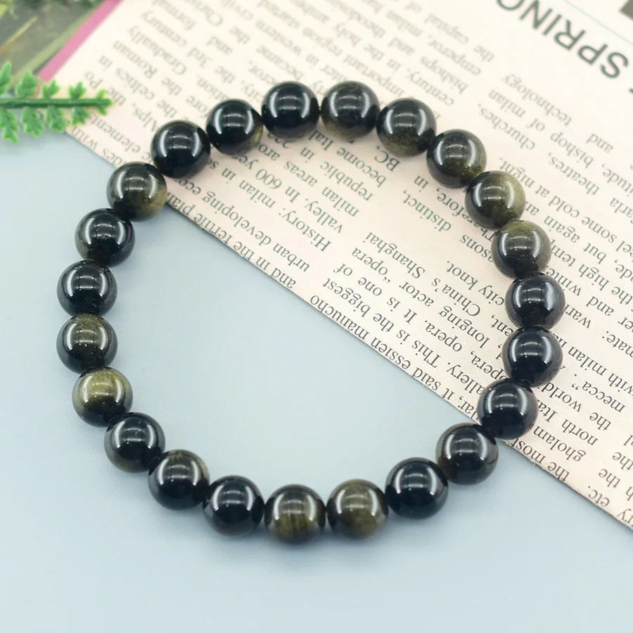 Golden Obsidian Beaded Bracelet Natural Stone Rainbow Tourmaline Energy Jewelry