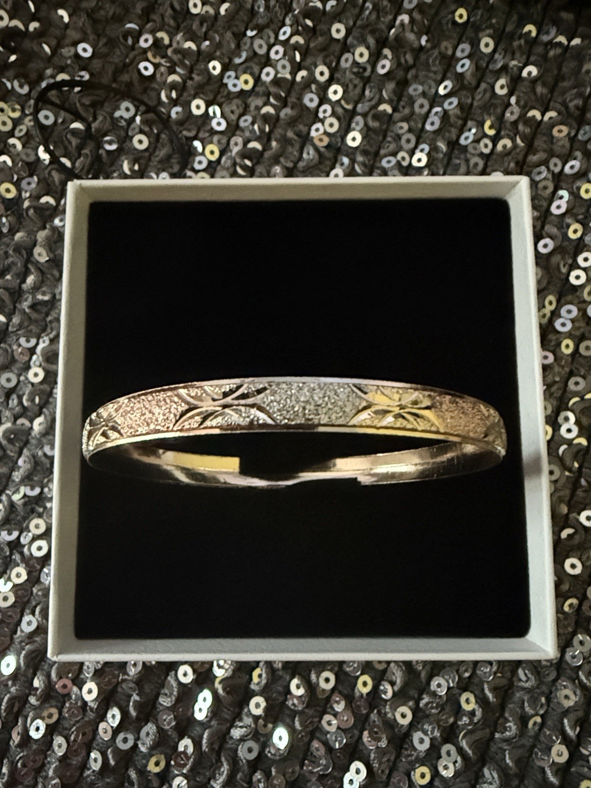 Vintage 14k Gold finish three-Tone Rose Gold/Gold/Silver Tone Textured Bangle