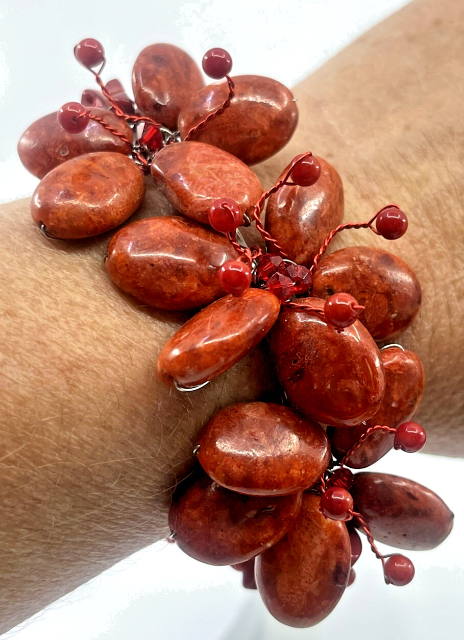 Red Coral Elegance Handcrafted Adjustable Cuff Red Coral Beach Boho