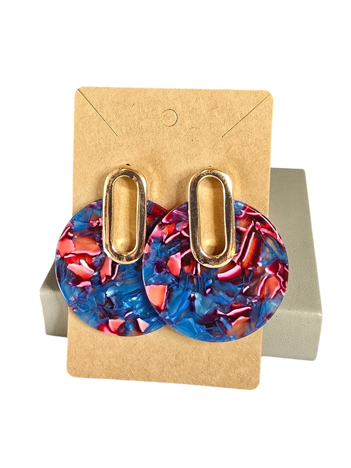 Women’s Gold Plated Blue Pink Multi Statement Pierced Earrings NWOT