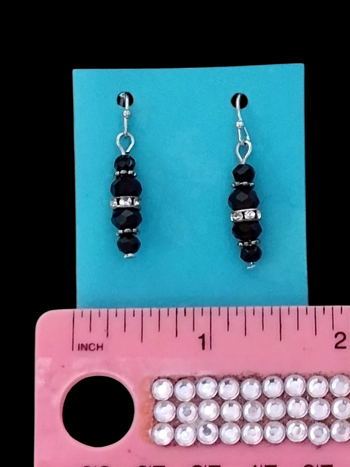 Handcrafted SILVERTONE BLACK BEADS Dangle Earrings HYPOALLERGENIC LOOPS STOPPERS