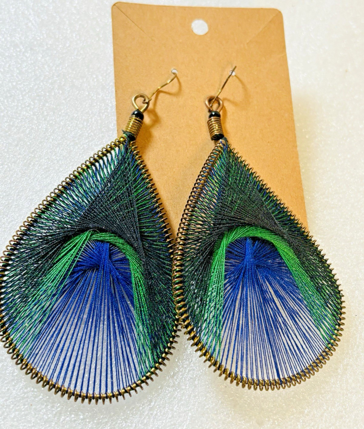 Woven String Art Dangle Bohemian Hook Earrings / Peacock Green & Blue 4.25″