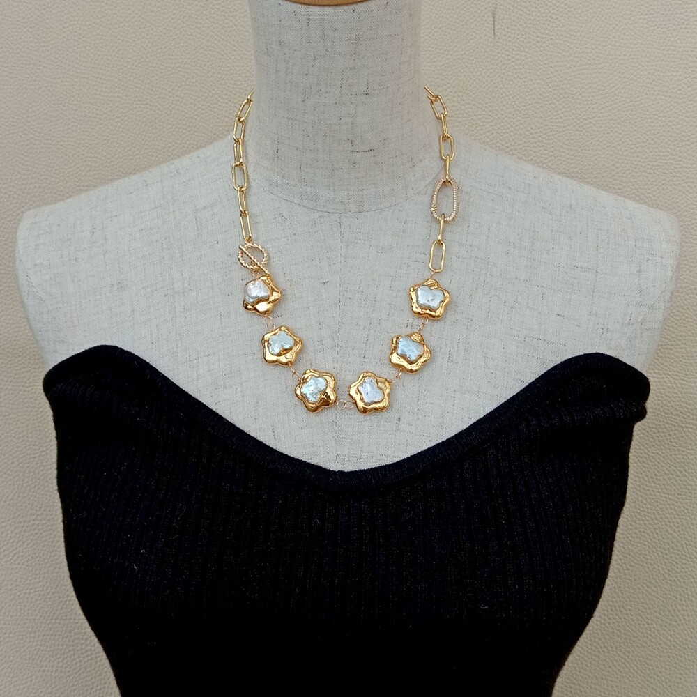 Cultured White Keshi Flower Pearl Chain Necklace 20″