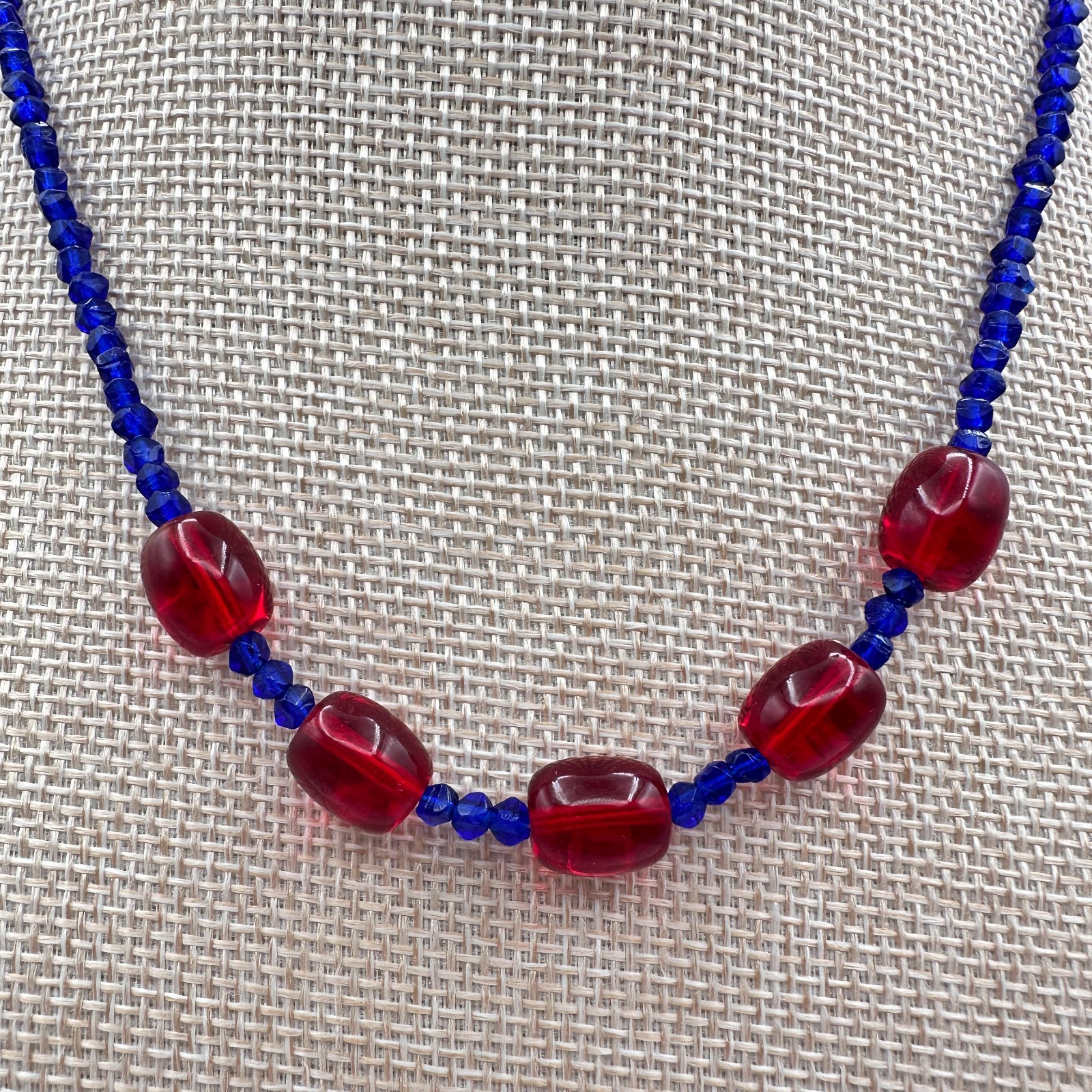 Vintage 70s Blue Seed Beads Necklace Red Glass Barrel Beads Statement Jewelry