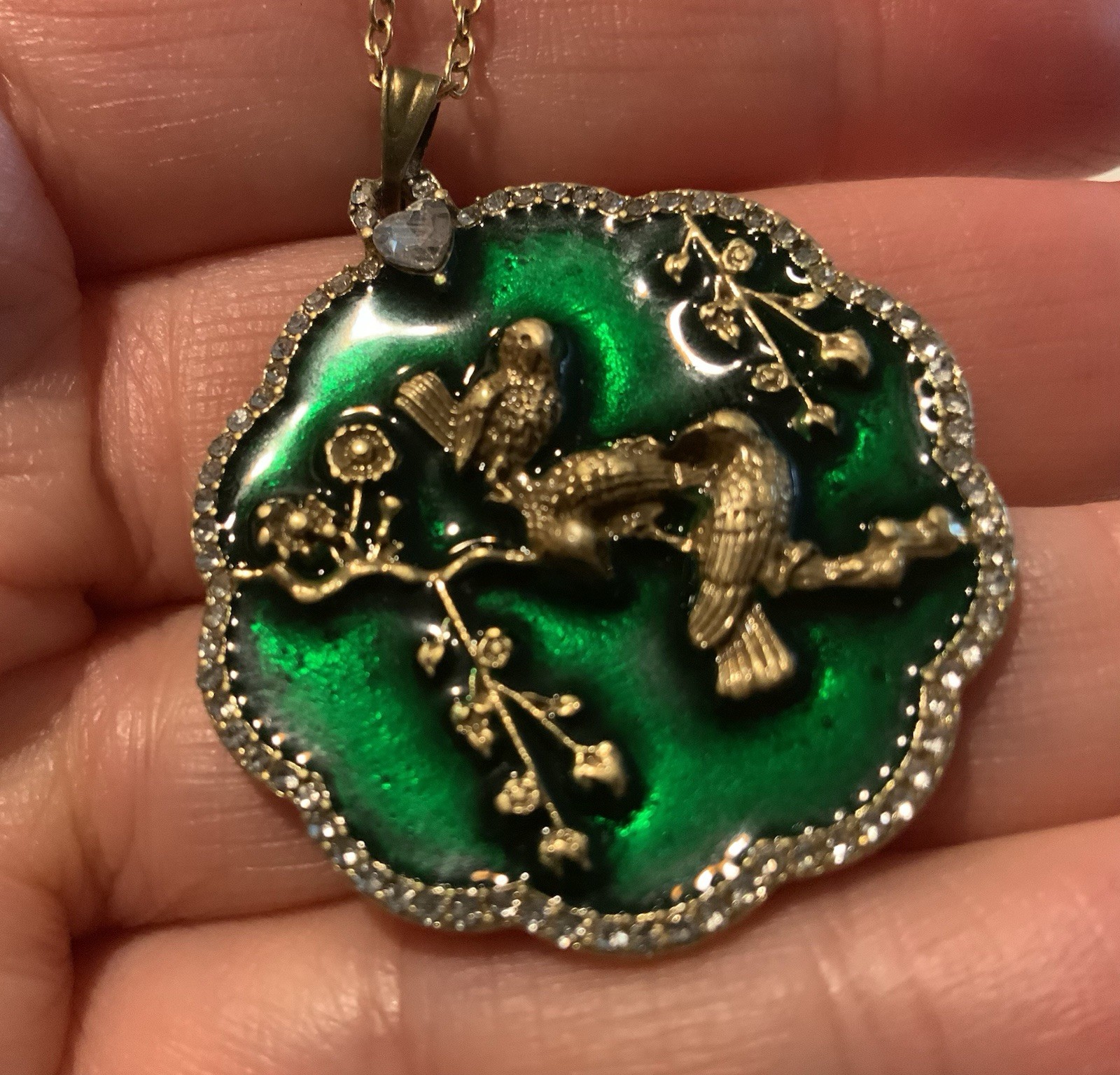Medieval Bird Flower Necklace Palace Museum Gold Court Heart CZ Art VTG Antique