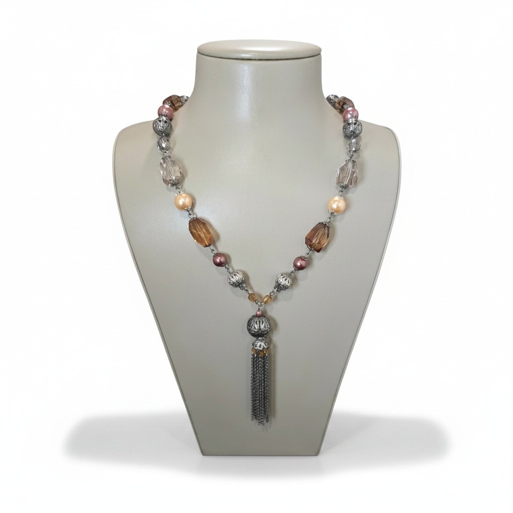 APT 9 Women’s Tassel Necklace Gunmetal Crimson Grey Beaded NWT MSRP $24