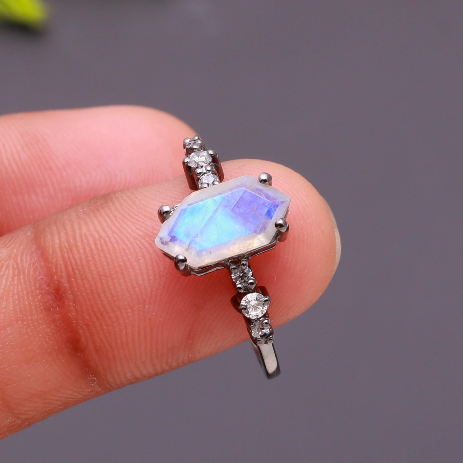 Natural Moonstone Hexagon Ring Black Oxidized 925 Sterling Silver Jewelry