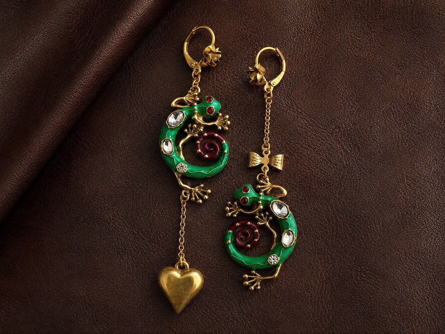 Antique Lizard Heart Bow Earrings Mismatch Crystal Gold Whimsical Cottagecore
