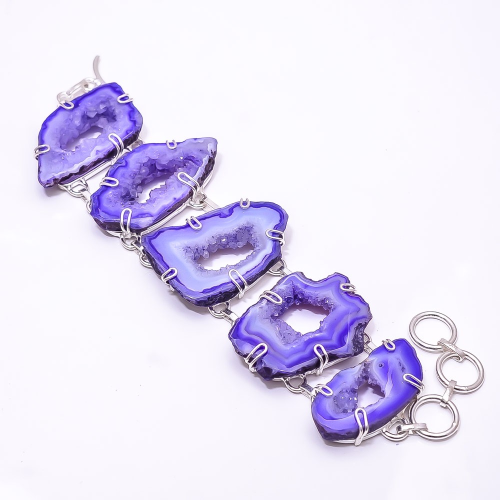 Natural Purple Agate Drusy Gemstone 925 Sterling Silver Bracelet 7.99″ B16